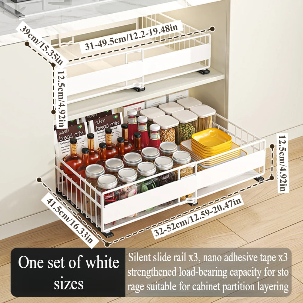 Drawer storage rack silk sliding pull-out cutlery spice bottle rack suitable for kitchens, bathrooms etc, optimizing more space