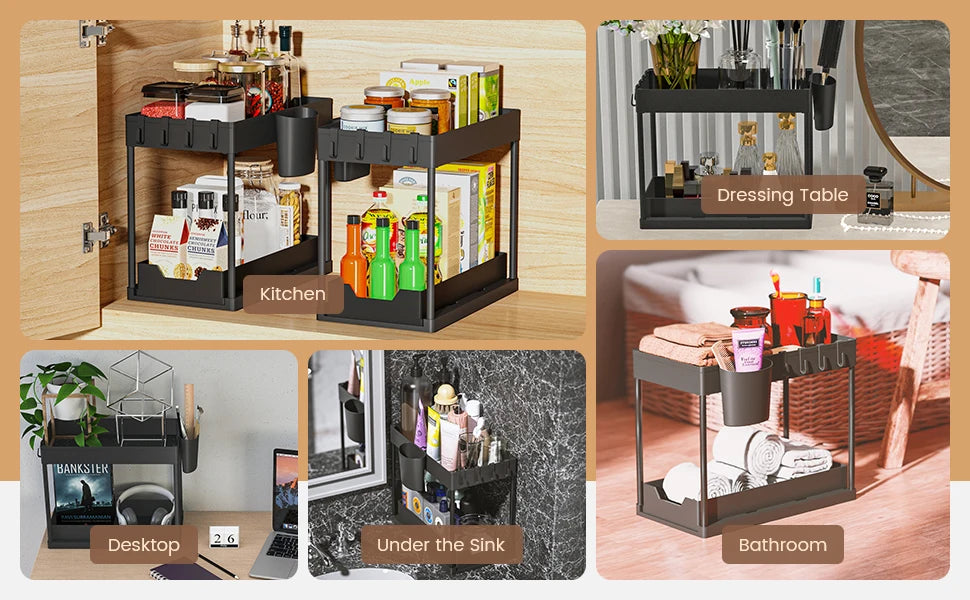 Under Sink Organizer and Storage, Kitchen Organization Rack with Double Sliding Cabinet Drawers, Multi-Purpose Storage Shelf Hol
