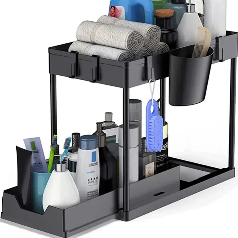 Under Sink Organizer Sliding Cabinet Basket Organizer Storage Rack with Hooks Hanging Cup Bathroom Kitchen Organizer