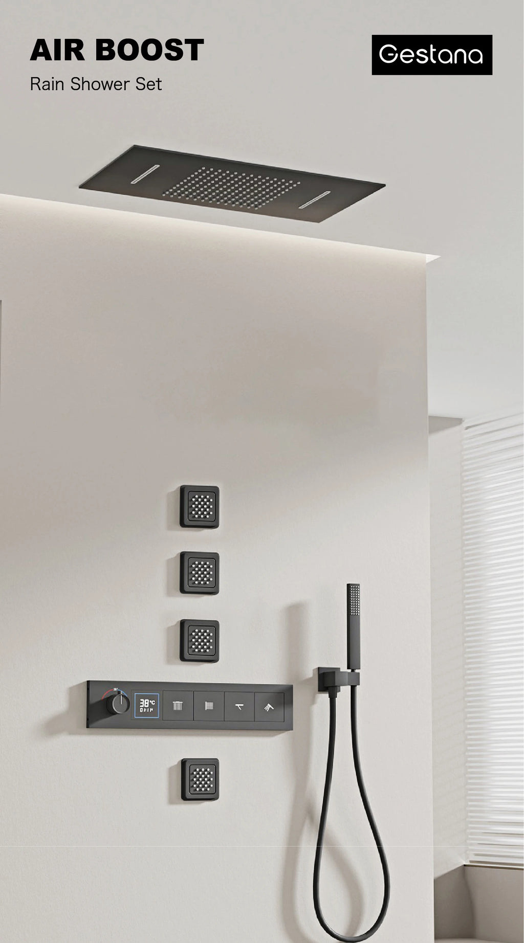 Bathroom black brass thermostatic shower set with LED digital display ceiling design,wall mounted with 4 functions Shower system