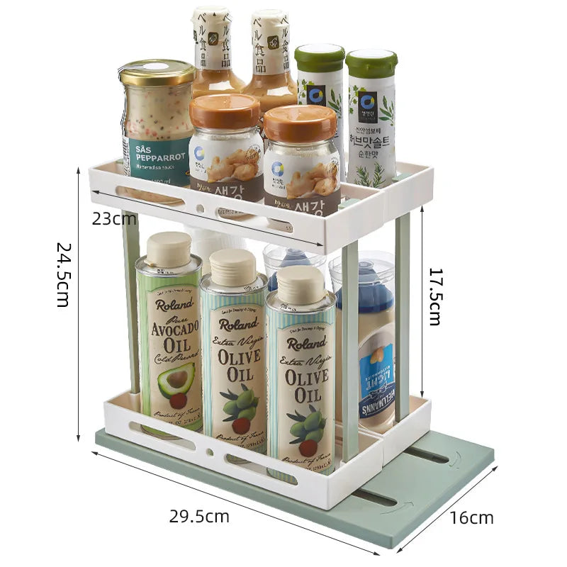 2 Tier Pull-out and Rotate Kitchen Spice Rack Multi-Function Seasoning Organizer for Kitchen Cabinet Pantry Counter-Top Supplies