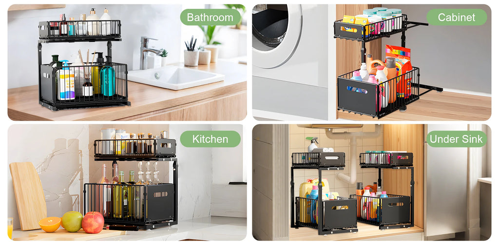 2 Tier Under Sink Organizer Adjustable Pull Out Cabinet Organizer Slide Out Kitchen Storage Racks Thickened Metal Sliding Drawer