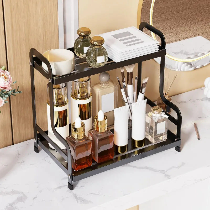 2 Tier Under Sink Organizer Sliding Cabinet Basket Organizer Storage Rack with Hooks Hanging Cup Bathroom Kitchen Organizer New