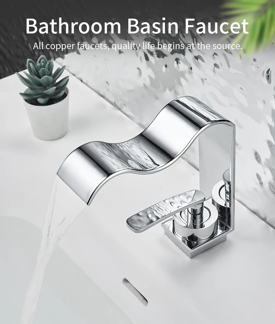 Basin Faucet Waterfall Black with Brushed Bathroom Basin sink Faucet Cold and Hot Water Mixer Single Handle Bathroom Taps 855951