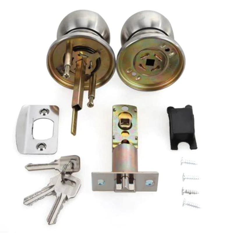 Door Set Knob Handle Lock With Key Privacy Passage Round Sliver Bathroom Shower Entrance Stainless Steel Useful