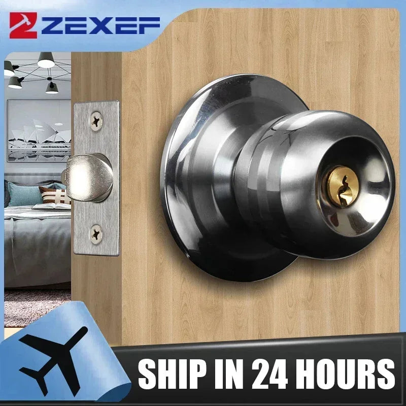 Home  Armored Door Handle With Lock For Room Accessories Stainless Steel Knobs Safety Round Entrance Bedrooms Doorknob Articles