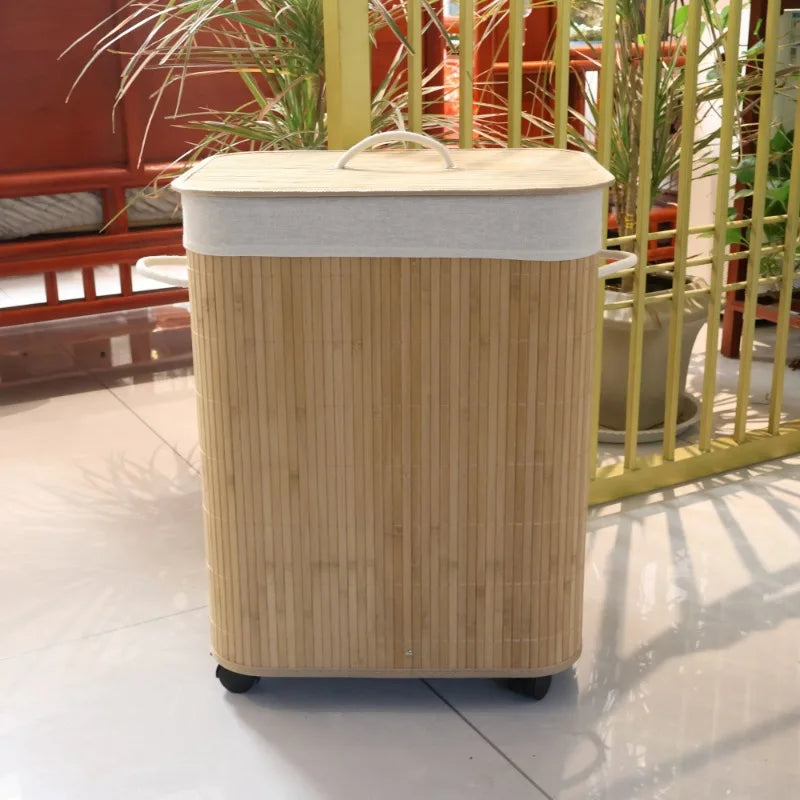 Dirty Laundry Basket Folding Storage Baskets Bamboo Clothes Storage Box with Lid Multifunctional Organizer Boxes with Wheels
