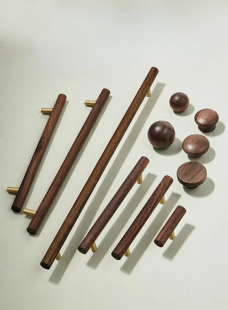 Walnut and Brass Furniture Handles Modern Simple Style Wood Cabinet Knobs and Handles Anti-cracking and Anti-oxidation