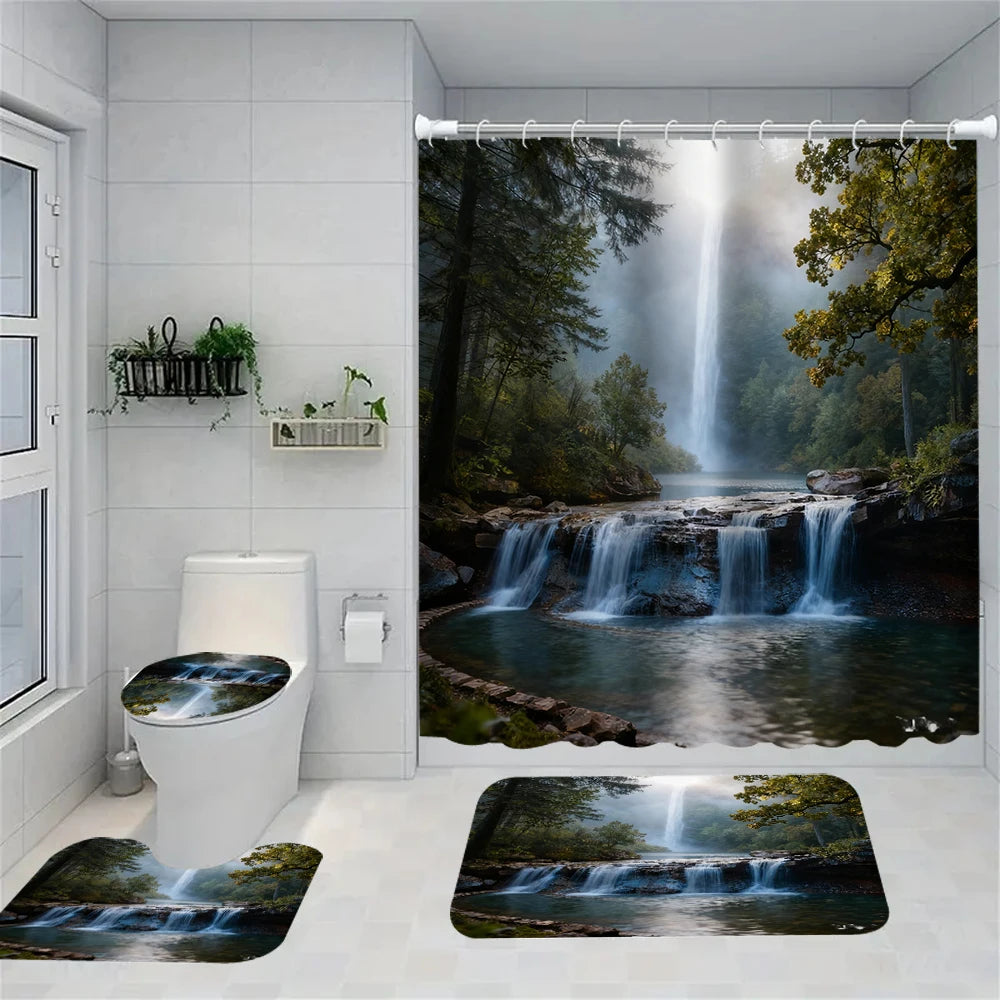 1/4 Forest Waterfalls  print shower Curtains, Toilet Seat Decoration, Shower Curtain with Carpet and Toilet Lid, 70.8x70.8 inch