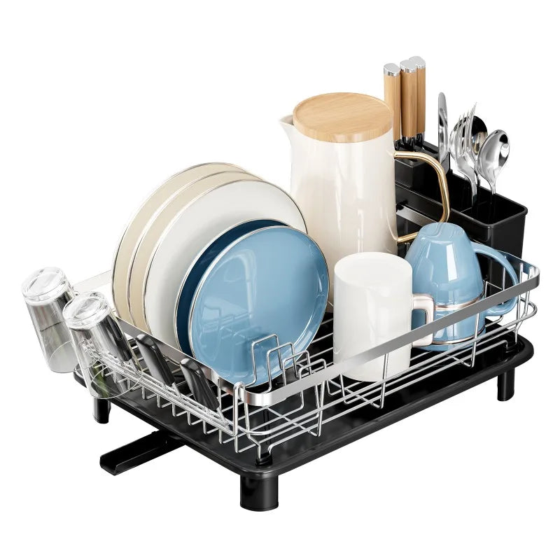 Single Layer Hollow Dish Rack Kitchen Countertop Rack with Drainage Tray Multifunctional Tableware Rack Rust Resistant Durable