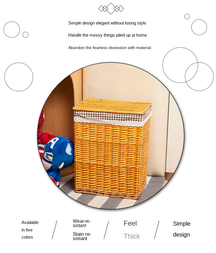 Large Capacity Rattan Laundry Basket - Vine Woven Storage with Cover, Simple and Elegant Dirty Clothes Organizer for Home