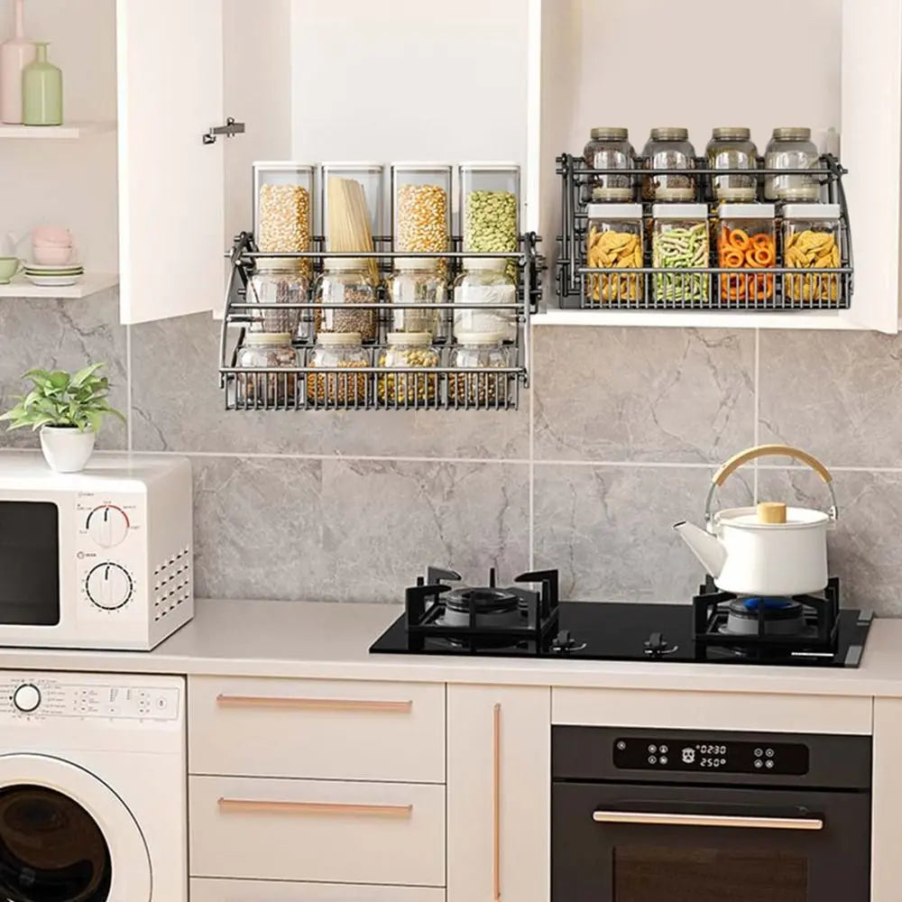 Carbon Steel 3-Tier Pull Down Spice Rack Large Capacity Space Saving Retractable Spice Rack Rust-proof Strong Load-bearing