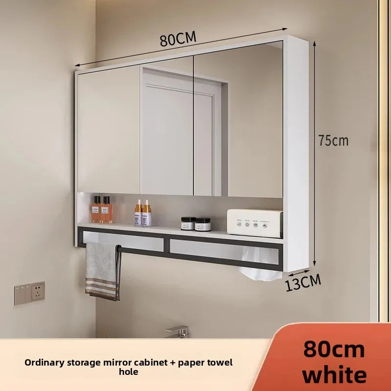 Bathroom Mirror Cabinet Wall Mounted LED Waterproof Aluminum Medicine Cabinet with Storage Shelf Towel Rod for Home Bathroom