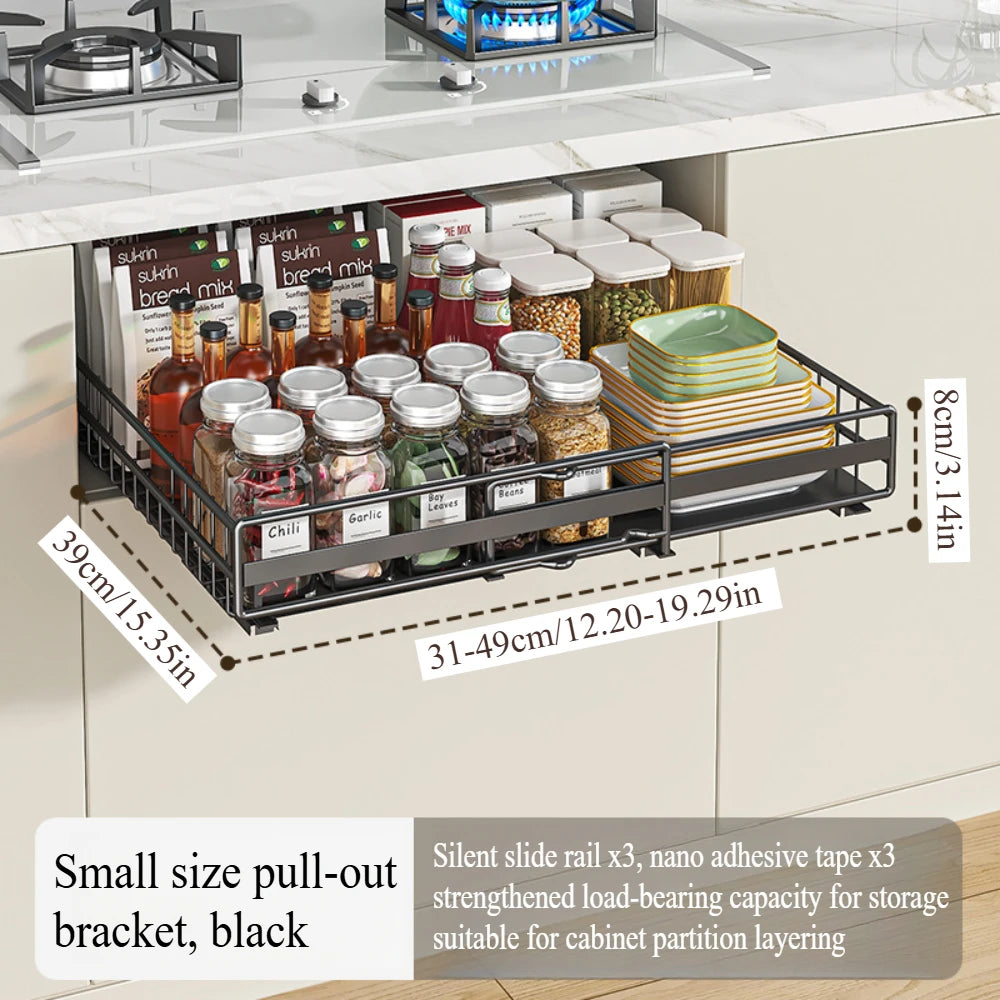 Drawer storage rack silk sliding pull-out cutlery spice bottle rack suitable for kitchens, bathrooms etc, optimizing more space