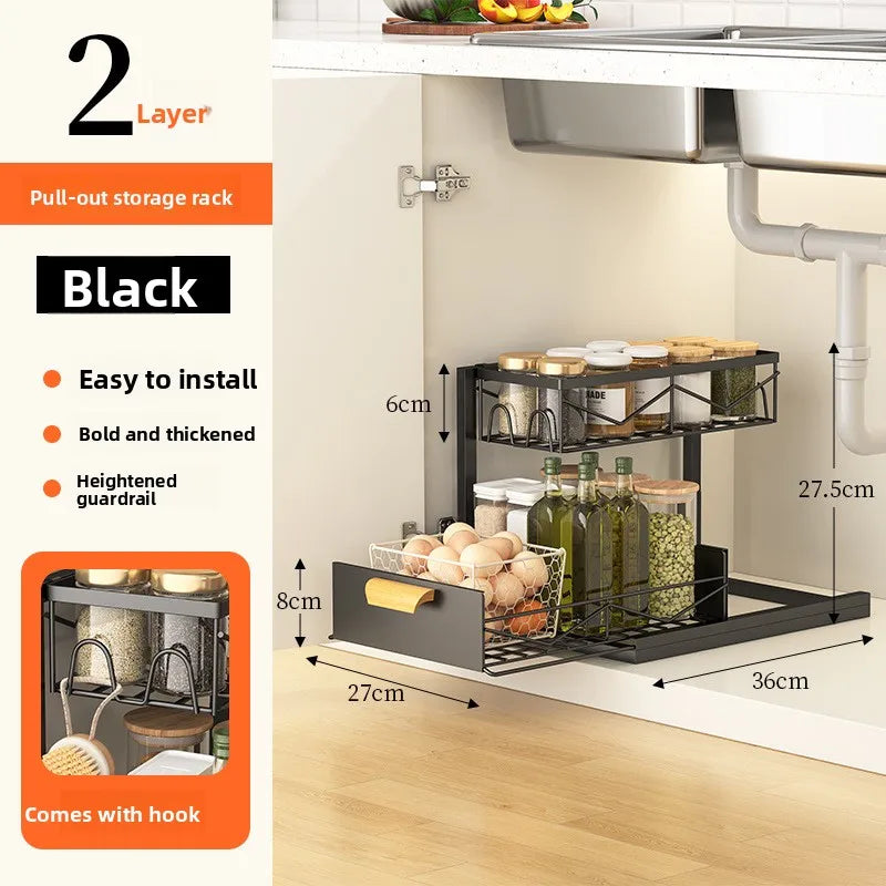 Pull-Out Kitchen Drawer Storage Rack Multi-Layer Under-Sink Organizer Cabinet Shelf for Kitchen Essentials