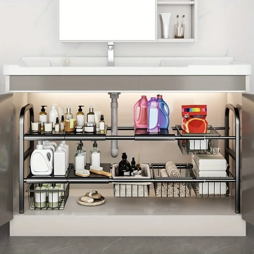 1 Set Multi-Use Kitchen Under Bathroom Sink Organizers - Expandable Cabinet Shelf Organizer Storage Rack