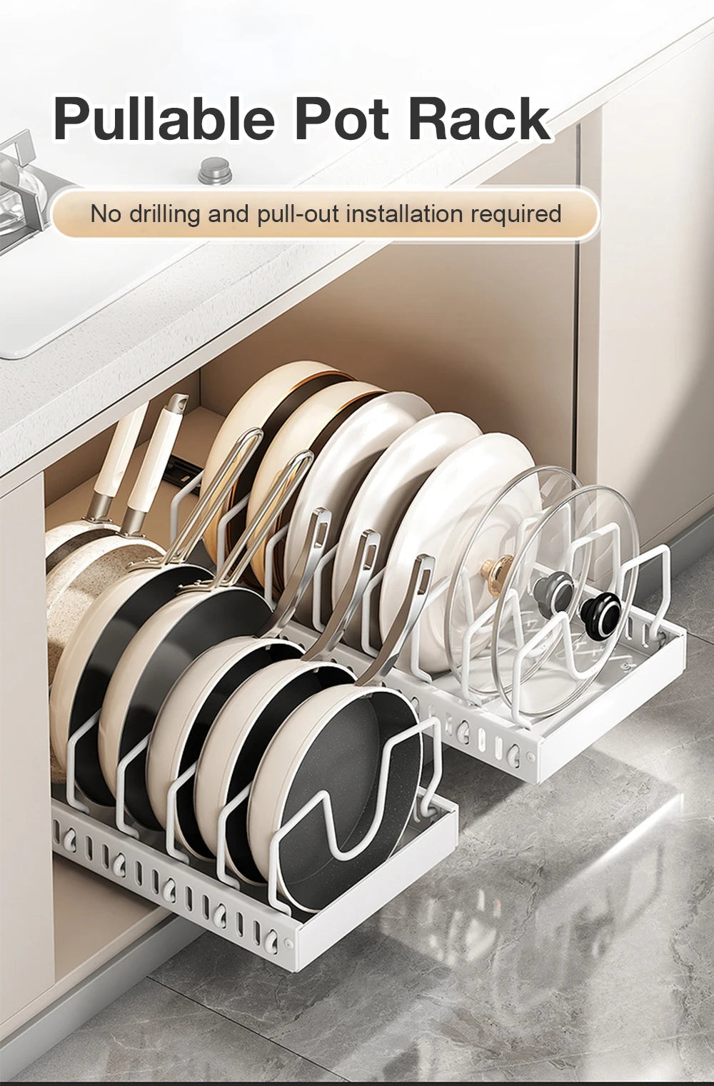 Hot-selling multifunctional kitchen pull-out cookware/frying pan sliding lid rack, spice rack, and bowl and plate drawer storage