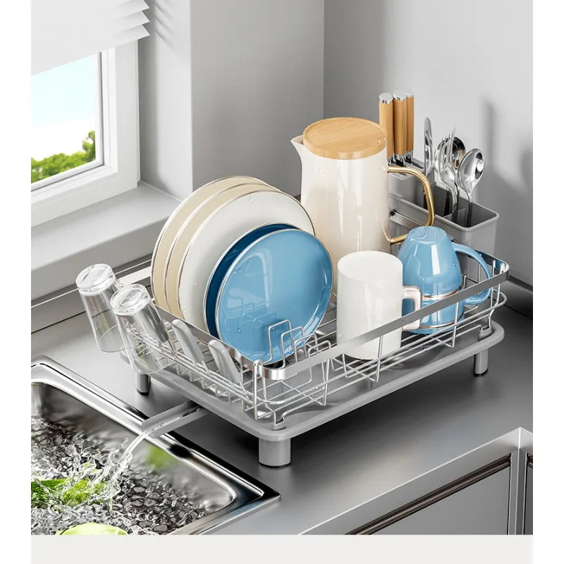 Single Layer Hollow Dish Rack Kitchen Countertop Rack with Drainage Tray Multifunctional Tableware Rack Rust Resistant Durable