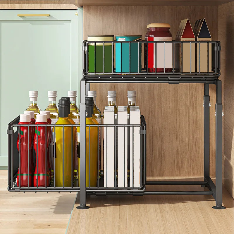 Kitchen Sink Storage Rack Pull-Out Basket Double Layer Spice Snack Bottle Can Organizer Cabinet Multi-level Shelf Under Cabinet