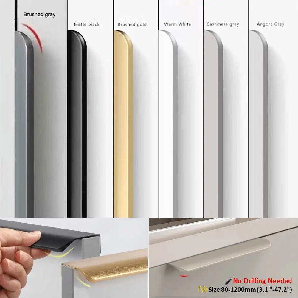 Hidden Minimalist Cabinet Handles for Kitchen Wardrobe | No Drilling Black Edge Pulls | Custom Length 80mm-1200mm Modern Design