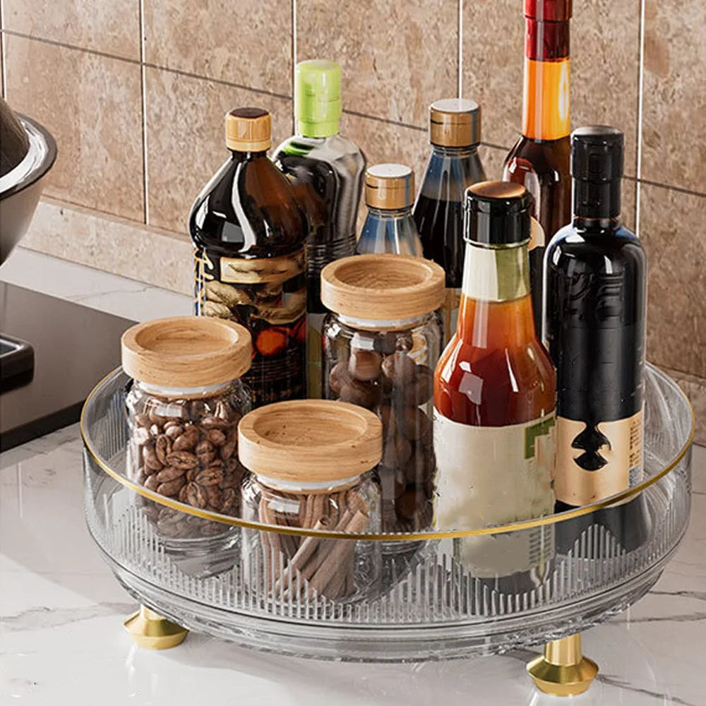 360°Rotating Rotating Spice Rack Clear Plastic Round Storage Tray Non-slip Base Space Saving Kitchen Storage Rack Countertop Use