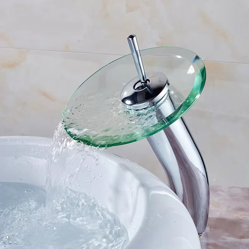Bathroom Faucets Household Wash Basin Sink Taps Colorful Glass Waterfall Faucet Chrome Single Lever Mixer Tap Deck Mounted
