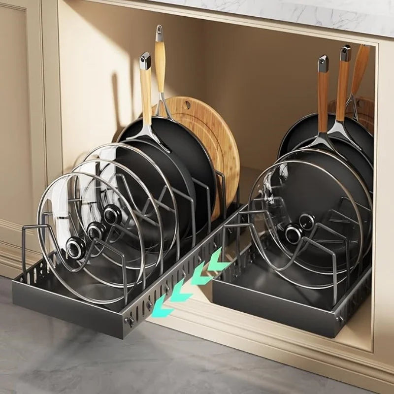 Pots and Pans Organizer Under Cabinet, Pull-out Pots and Pans Organizer, Cabinet Holder, Sliding type Pots and Pans Storage