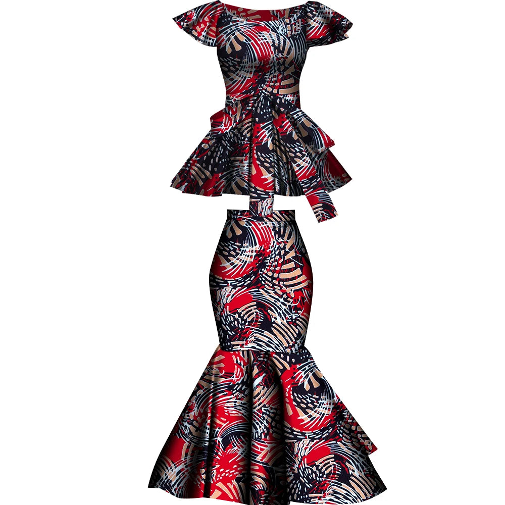 African Two Pcs Set Flared Skirt and Top Dashiki Wax Print Cotton Plus Size Party Clothing WY10076