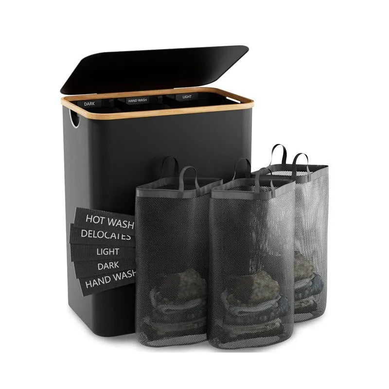 Dirty clothes basket bamboo basket bedroom with inner pocket with lid foldable  clothes storage basket with classification label