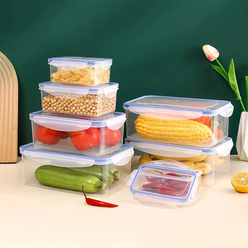 4-piece set of food storage containers, available in multiple sizes suitable for fruits, vegetables, pasta, snacks, and meat