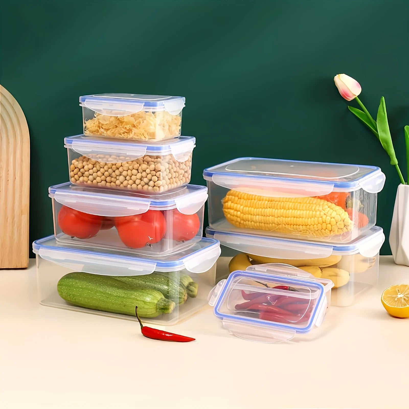 4-piece set of food storage containers, available in multiple sizes suitable for fruits, vegetables, pasta, snacks, and meat