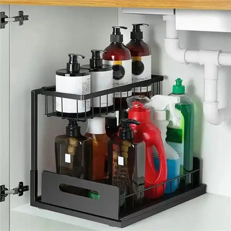-November Under Sink 2 Tier Pull Out Sliding Cabinet Organizer Drawer Baskets Multi-Purpose Storage For Bathroom Space Saving