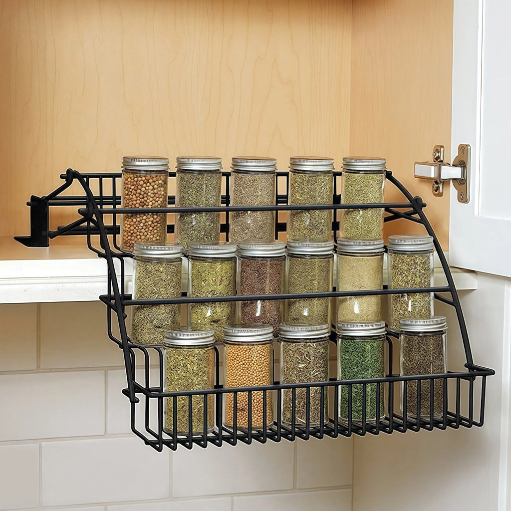 Pull-Out Spice Organizer, Metal Kitchen Cabinet Storage Rack, Space-Saving 3-Tier Shelf for Condiments & Jars
