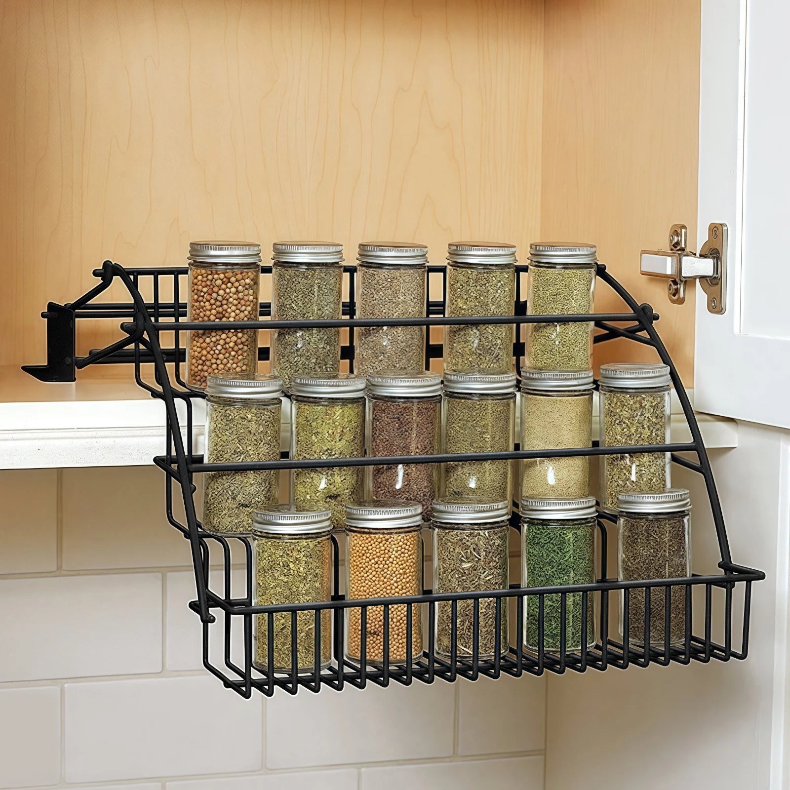 Pull-Out Spice Organizer, Metal Kitchen Cabinet Storage Rack, Space-Saving 3-Tier Shelf for Condiments & Jars