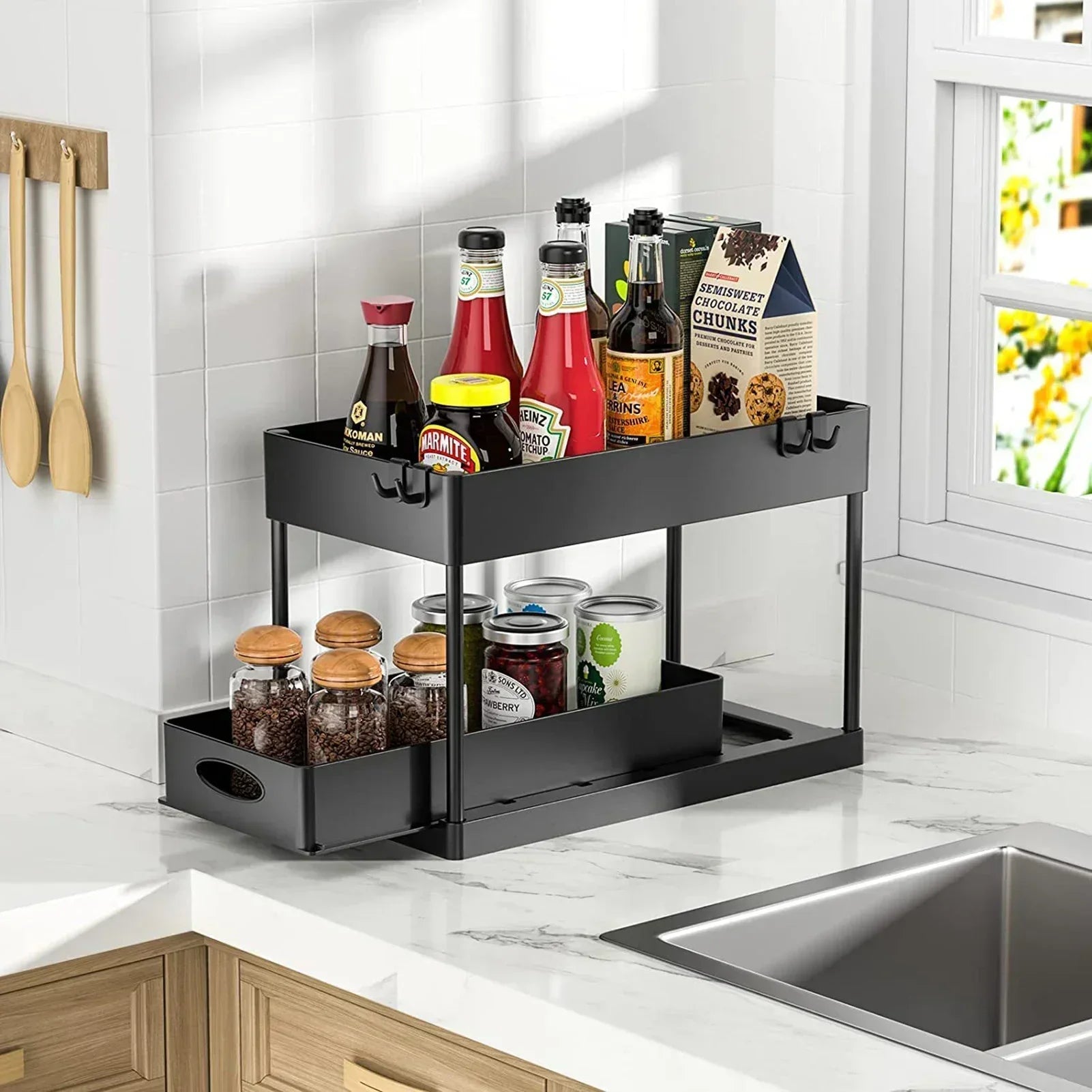 2 Tier Under Sink Organizer Sliding Cabinet  Organizer Storage Rack with Hooks Hanging Cup Bathroom Kitchen Organizer