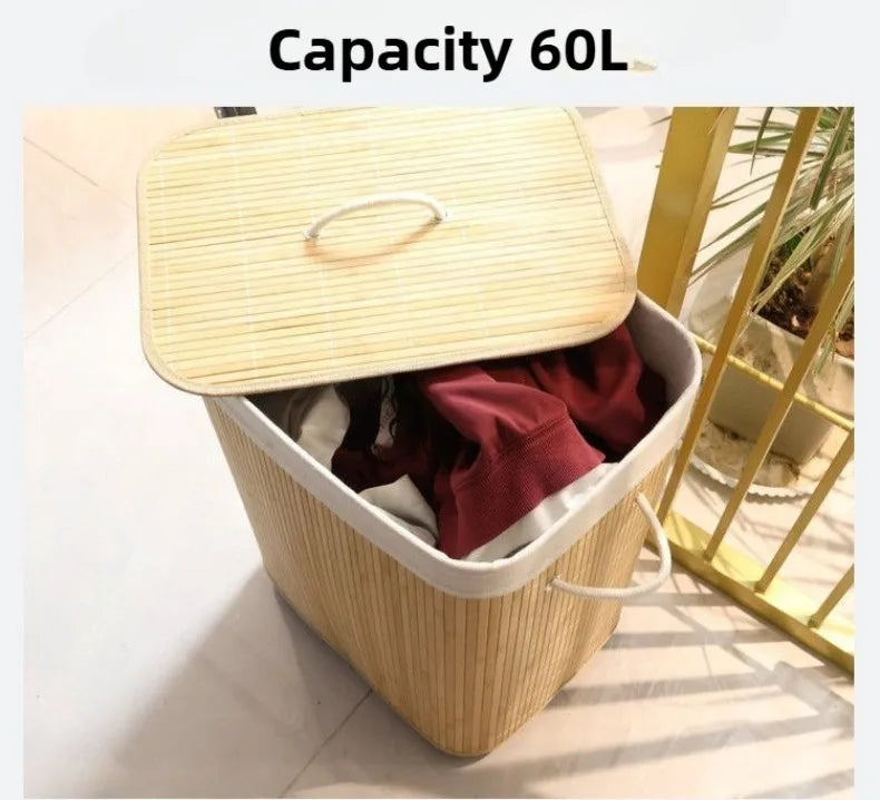 Dirty Laundry Basket Folding Storage Baskets Bamboo Clothes Storage Box with Lid Multifunctional Organizer Boxes with Wheels