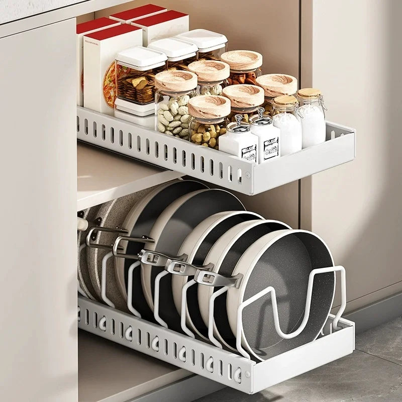 Pots and Pans Organizer Under Cabinet, Pull-out Pots and Pans Organizer, Cabinet Holder, Sliding type Pots and Pans Storage