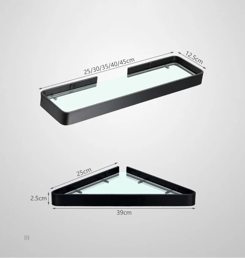Black Bathroom Corner Rack 25-45cm Wall-mounted Bathroom Shower Rack Aluminum Toilet Storage Rack Glass Bathroom Shelf
