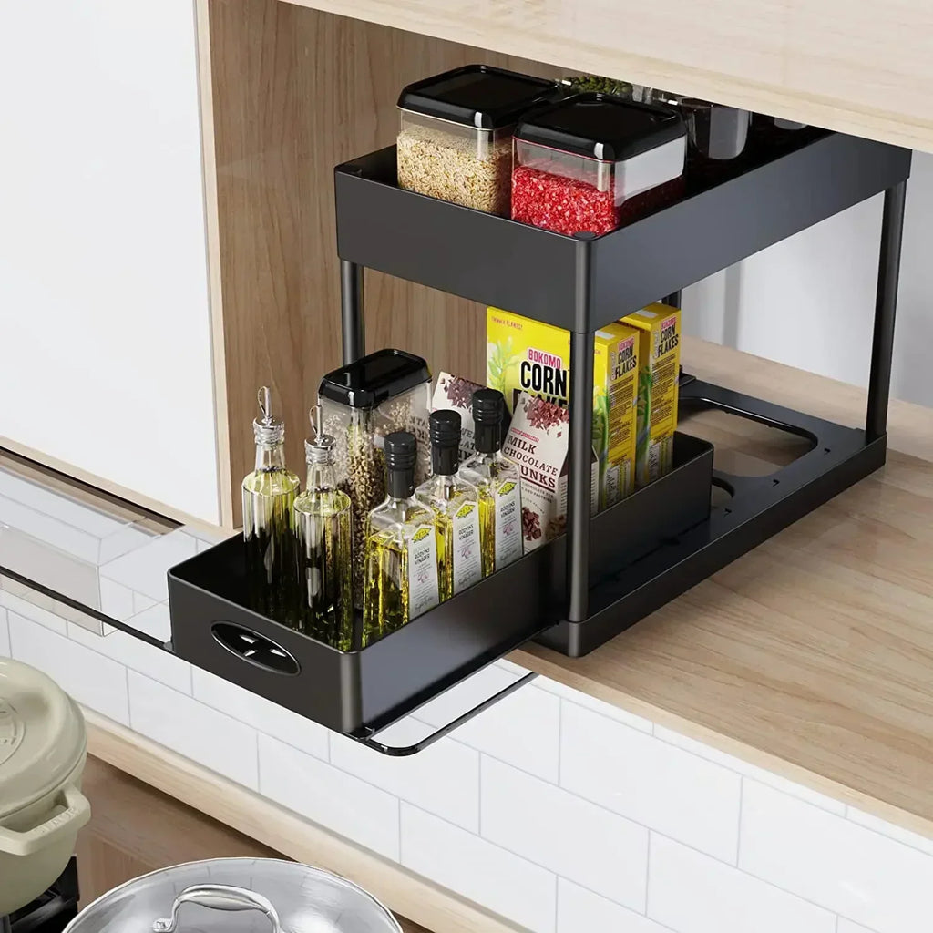 2 Tier Under Sink Organizer Sliding Cabinet  Organizer Storage Rack with Hooks Hanging Cup Bathroom Kitchen Organizer