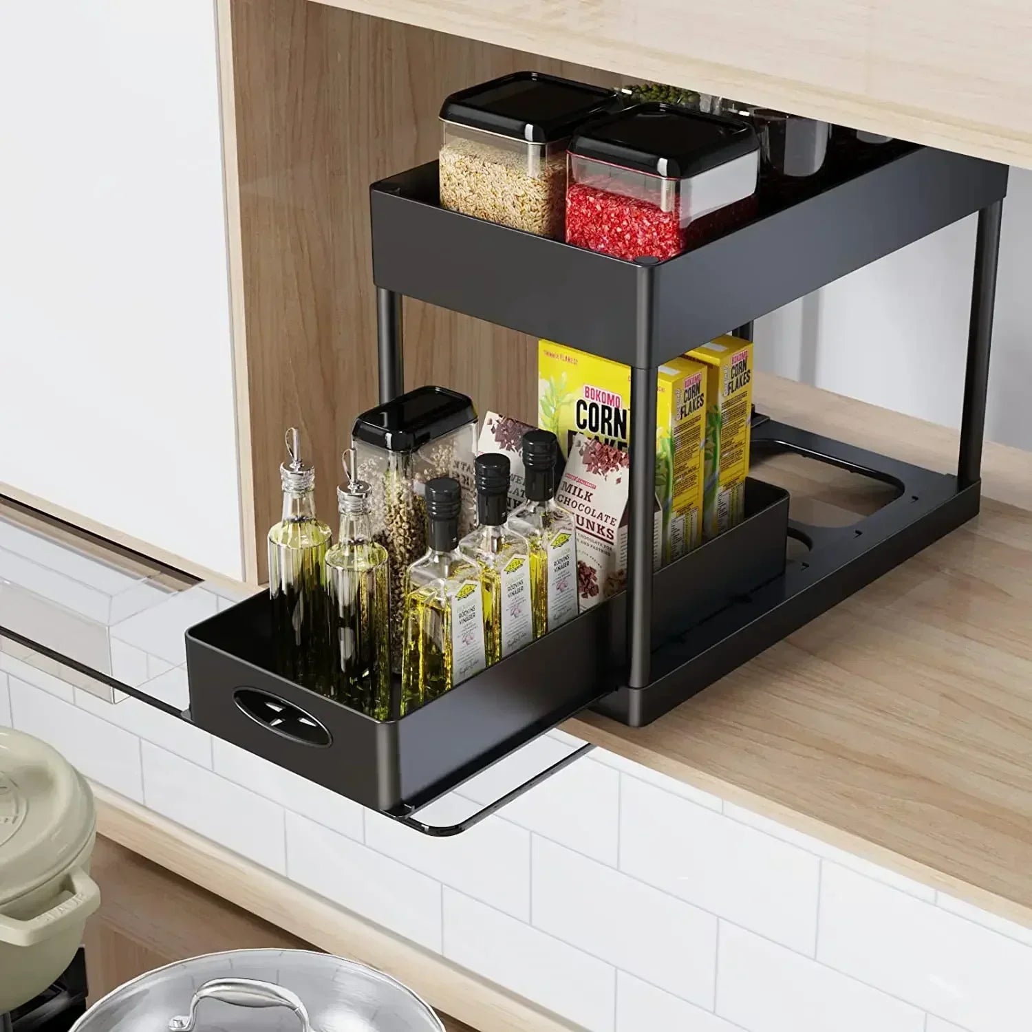 2 Tier Under Sink Organizer Sliding Cabinet  Organizer Storage Rack with Hooks Hanging Cup Bathroom Kitchen Organizer
