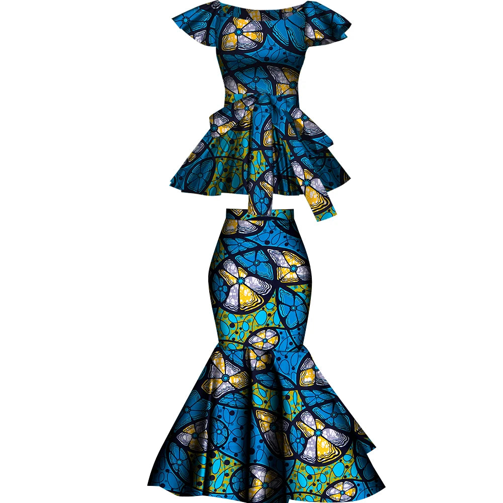 African Two Pcs Set Flared Skirt and Top Dashiki Wax Print Cotton Plus Size Party Clothing WY10076