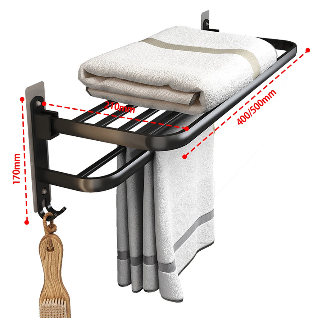 Bathroom Lavatory Towel Rack with Double Towel Bars & with HOOKS,19-inch Towel Shelf with Towel Bar,Towel Holder (Black、Gray)