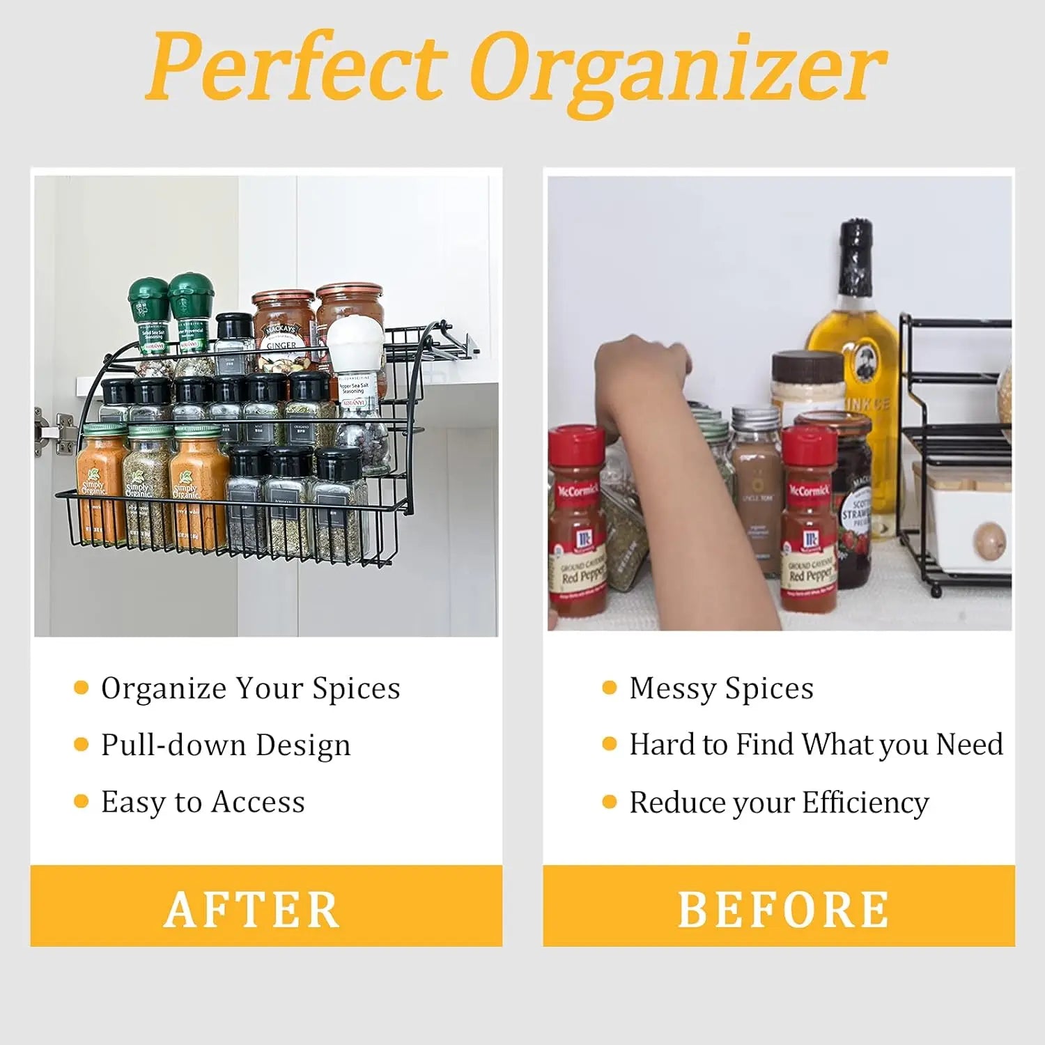 Pull-Out Spice Organizer, Metal Kitchen Cabinet Storage Rack, Space-Saving 3-Tier Shelf for Condiments & Jars