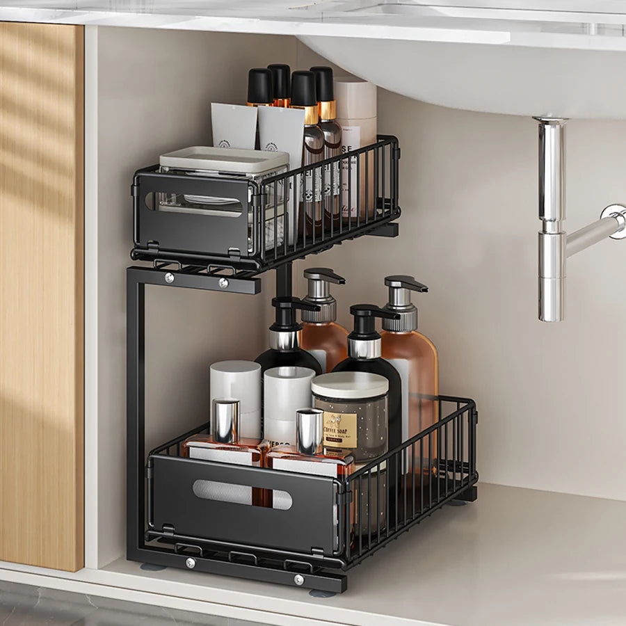 Pull-Out Under Sink Organizer, 2-Tier Adjustable Height Sliding Shelf for Kitchen/Bathroom Cabinet Storage, Black & White