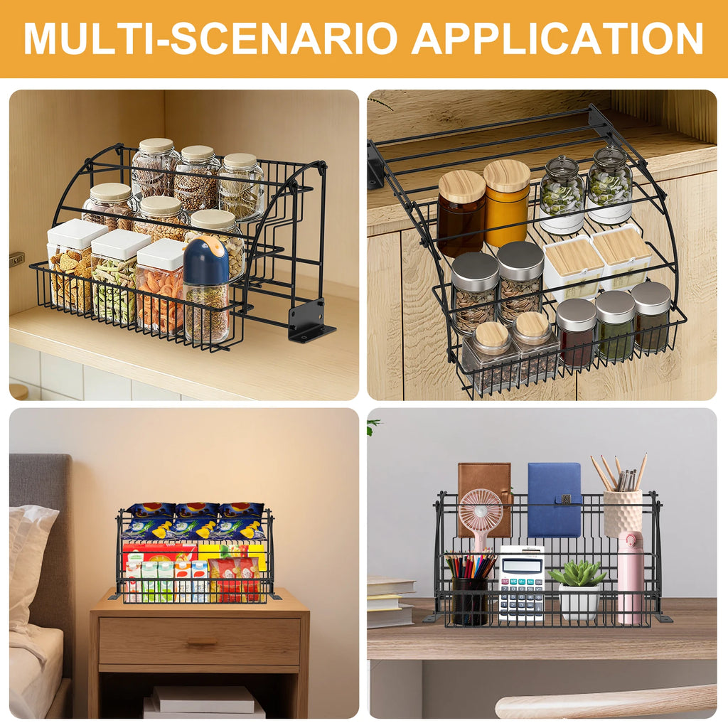 3-Tier Kitchen Storage Rack Metal Pull Down Spice Rack Large Capacity Inside Cabinet Riser Shelf Home Seasoning Bottle Organizer
