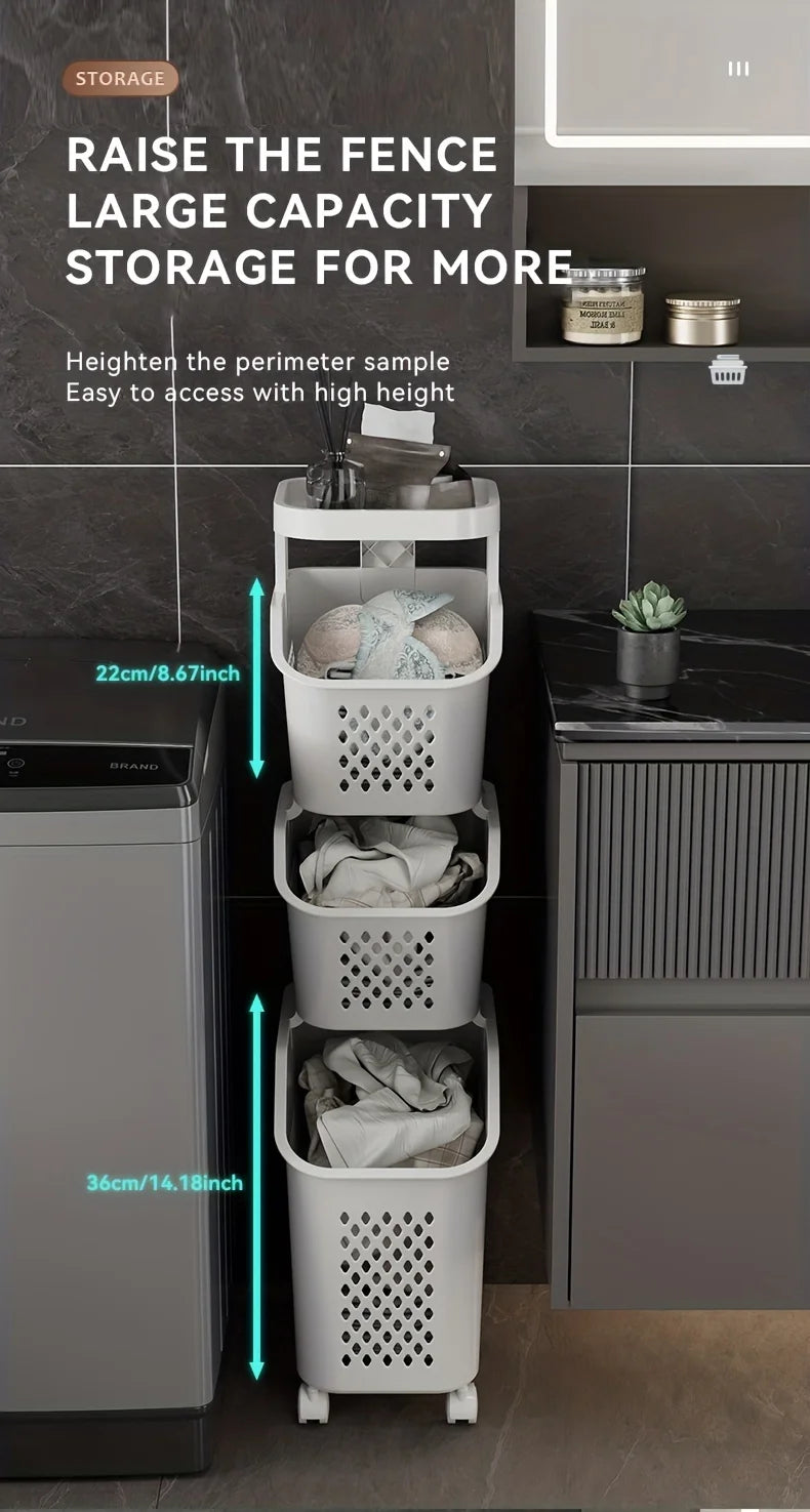 Multilayer Dirty Laundry Basket Storage Rack Clothes Storage Basket Sundries Storage Basket with Wheels Home Bathroom Supplies