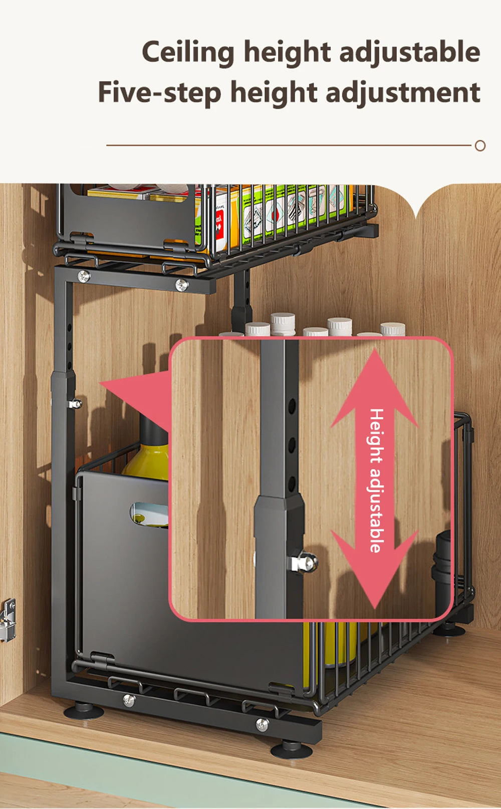 2 Tier Under Sink Organizer Adjustable Pull Out Cabinet Organizer Slide Out Kitchen Storage Racks Thickened Metal Sliding Drawer