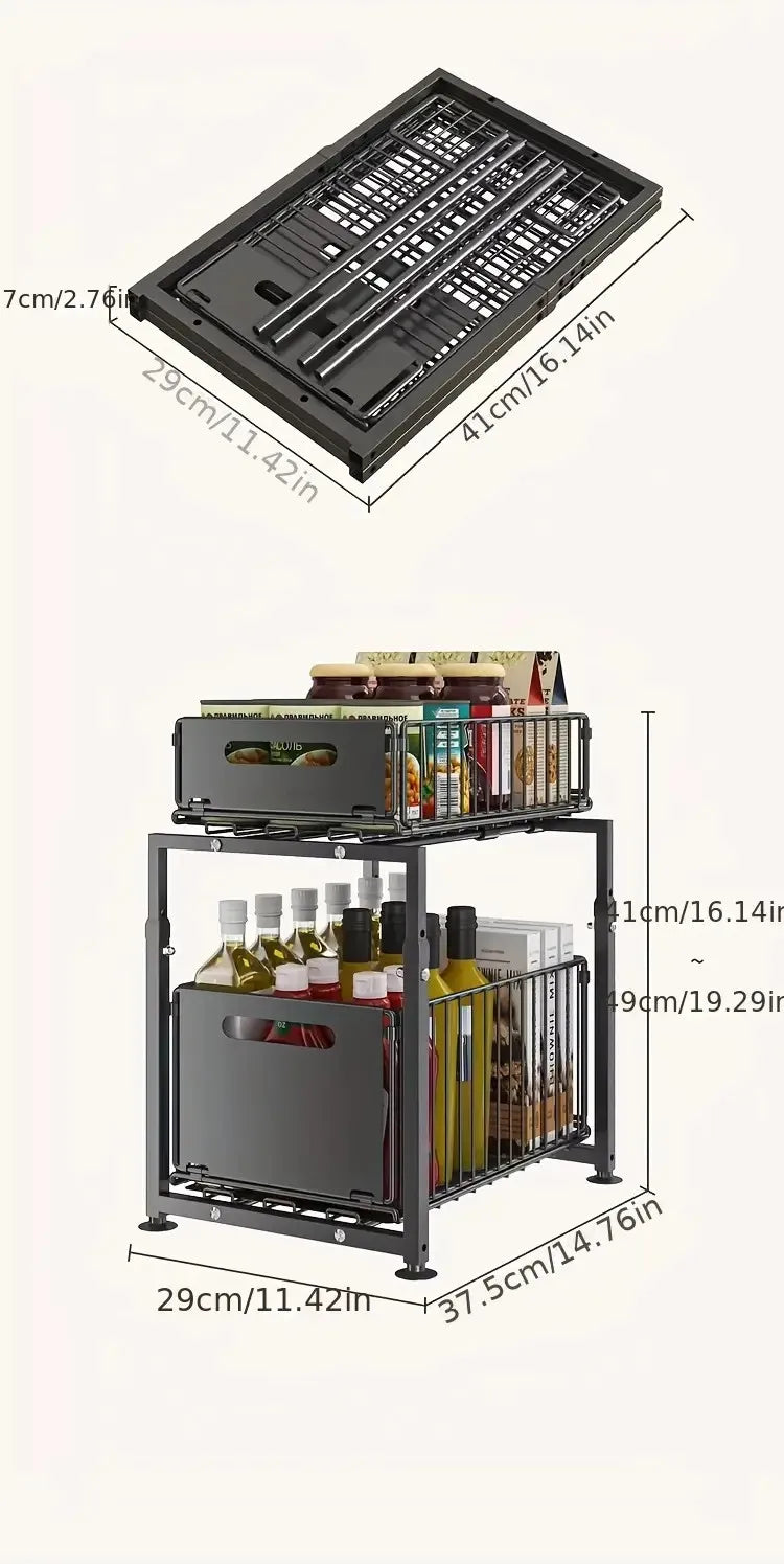 2-Tier Pull Out Cabinet Organizer Drawer Height Adjustable Kitchen Rack for Cabinet Under Sink Organizer Spice Jar Storage Shelf