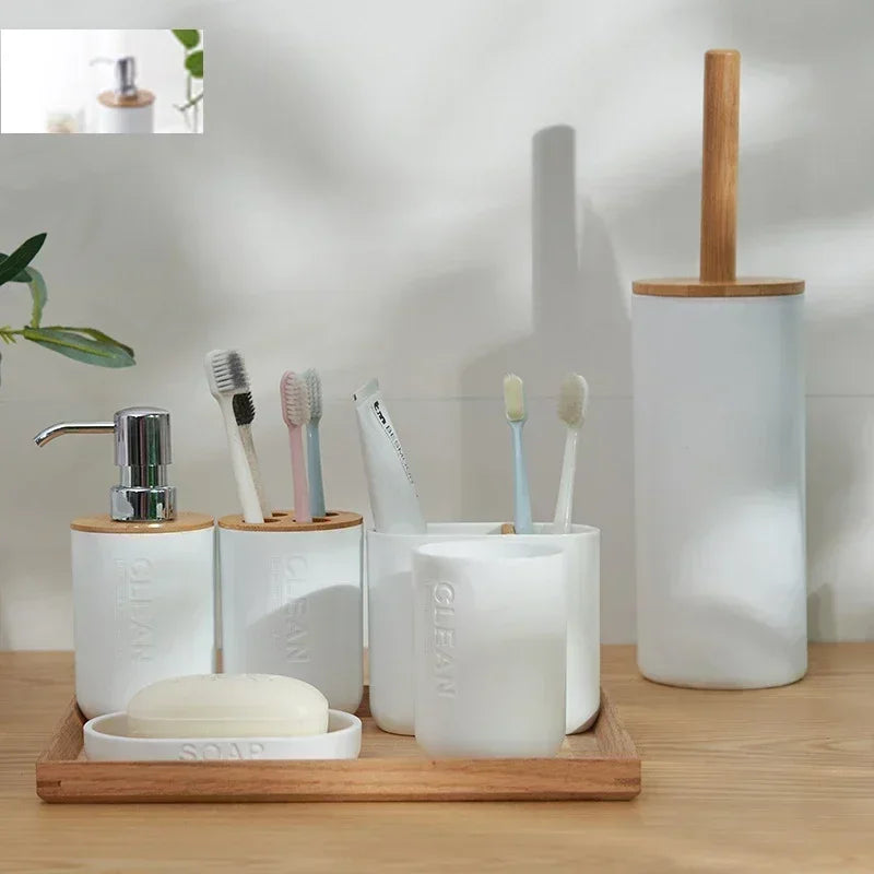 Bathroom Accessories Set Designer Soap Lotion Dispenser Toothbrush Holder Soap Dish Tumbler or wood Bottle Cup Black/White/gray