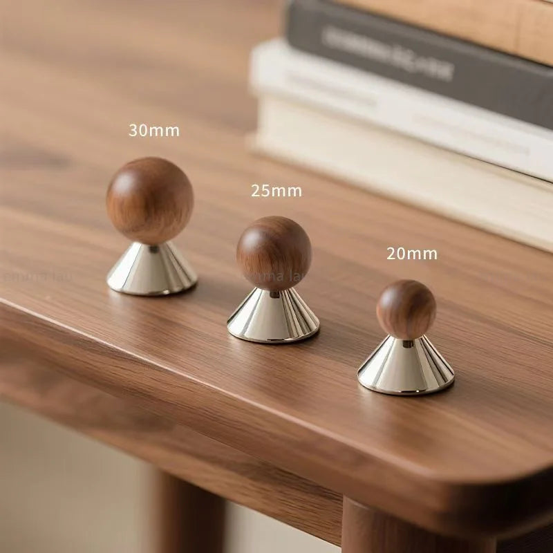 Modern Walnut Wood Brass Cabinet Door Handle Silver Wardrobe Cupboard Furniture Pulls Single Hole Drawer Knobs Cabinet Handles